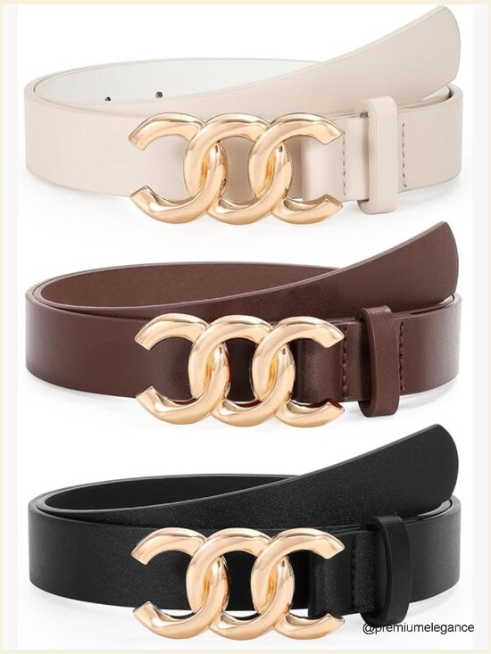 Accessories - 3 Pack Faux Leather Belts for Women - Adjustable Waist Belt with Gold Buckle
